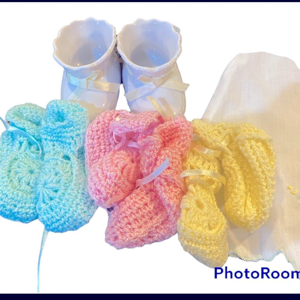 Baby Shower Decor Pastel Crochet Booties and Ceramic Booties